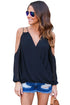 Sexy Black Cold Shoulder V Neck Wrap Front Breezy Blouse